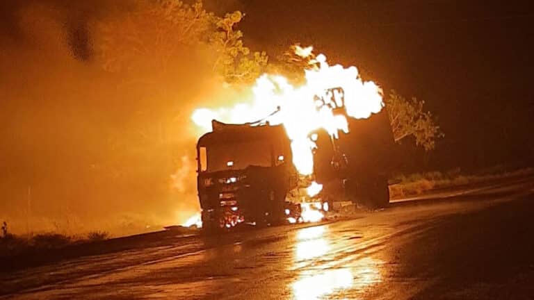 Carreta com 24 toneladas de produtos farmacêuticos é consumida pelo fogo na MG-410