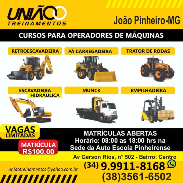 União Treinamentos está com matrículas abertas para curso de operador de máquinas pesadas em João Pinheiro