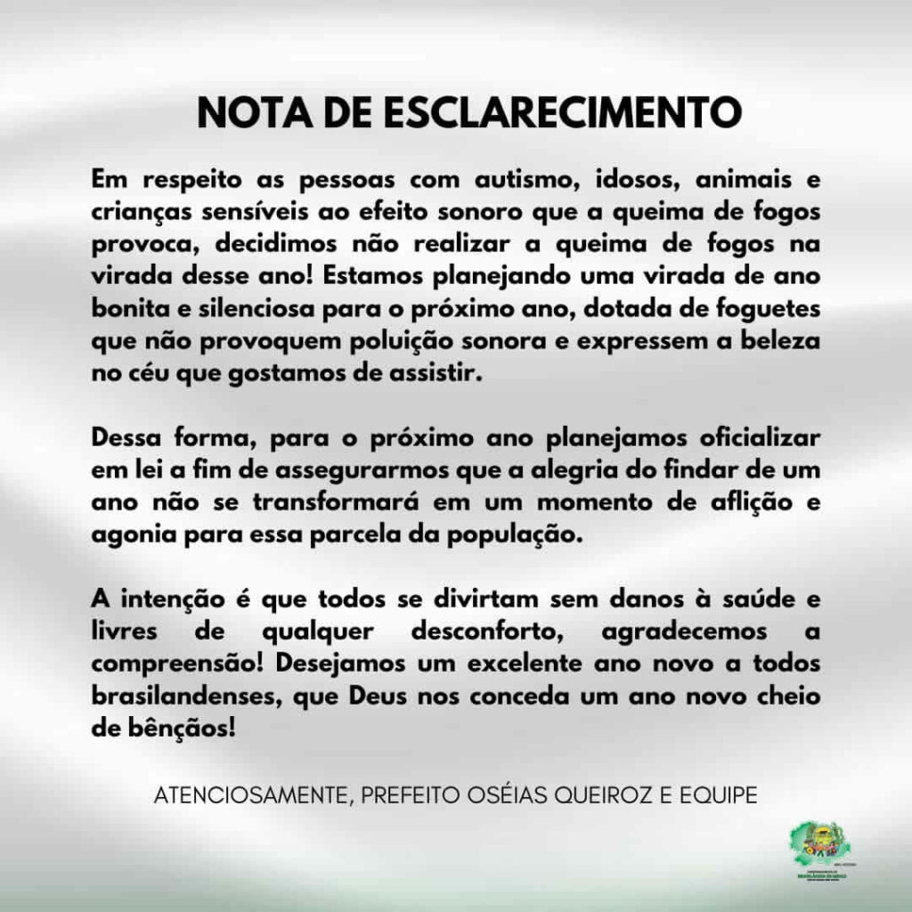 Prefeitura de Brasilândia de Minas cancela queima de fogos em respeito a idosos, animais, crianças e autistas