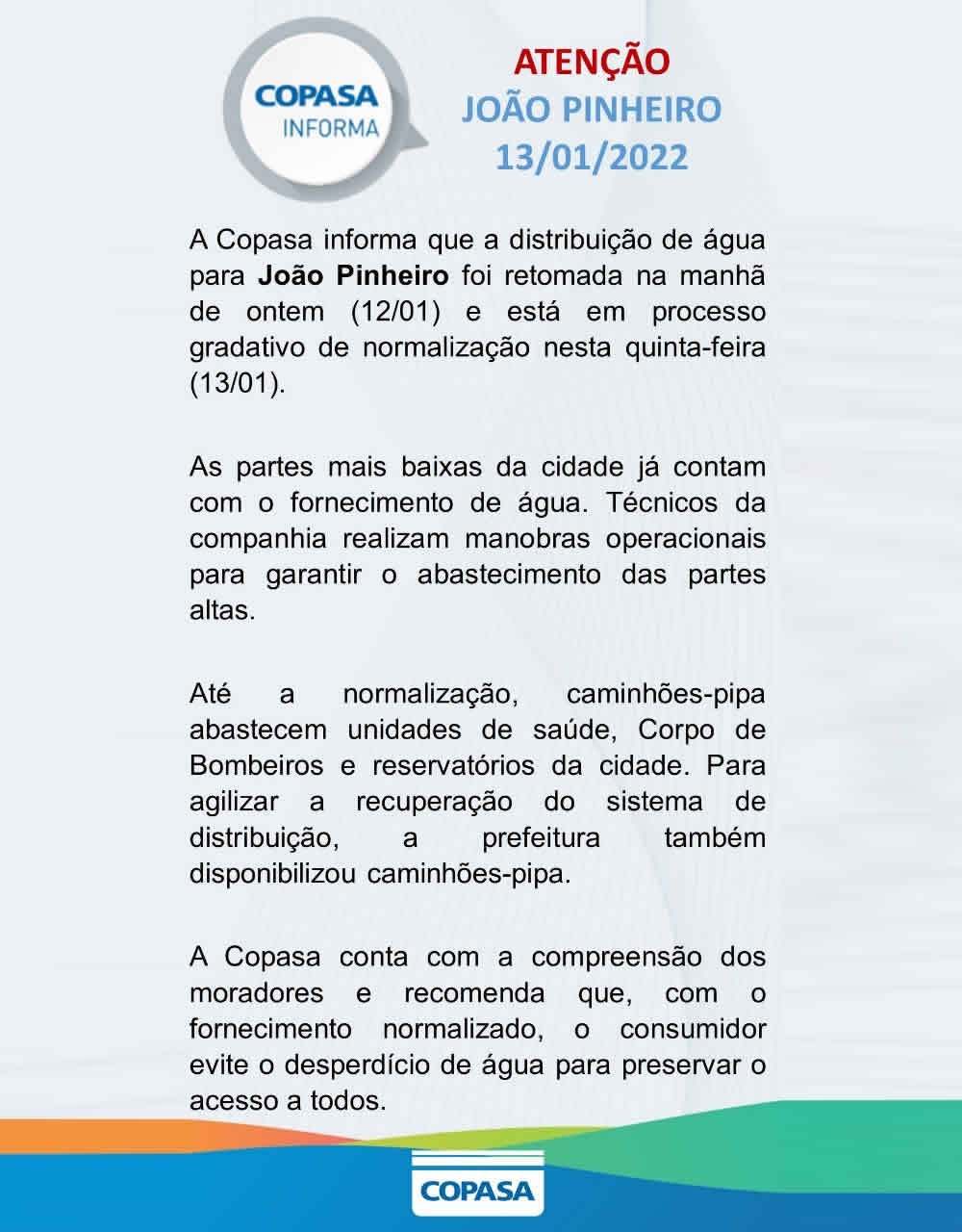 Copasa anuncia regularização gradual no fornecimento de água em João Pinheiro