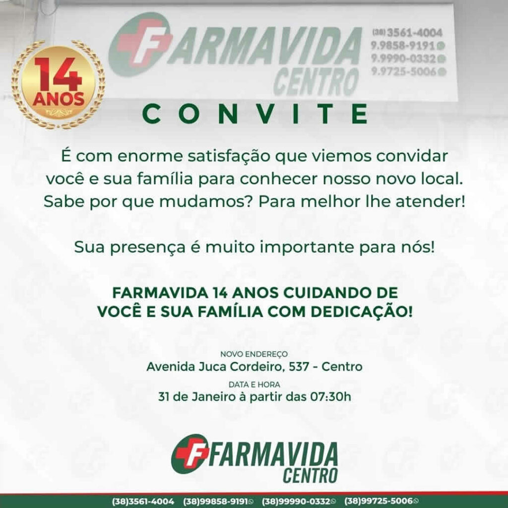 FarmaVida Centro muda de endereço para oferecer mais conforto e qualidade para seus clientes de João Pinheiro e região