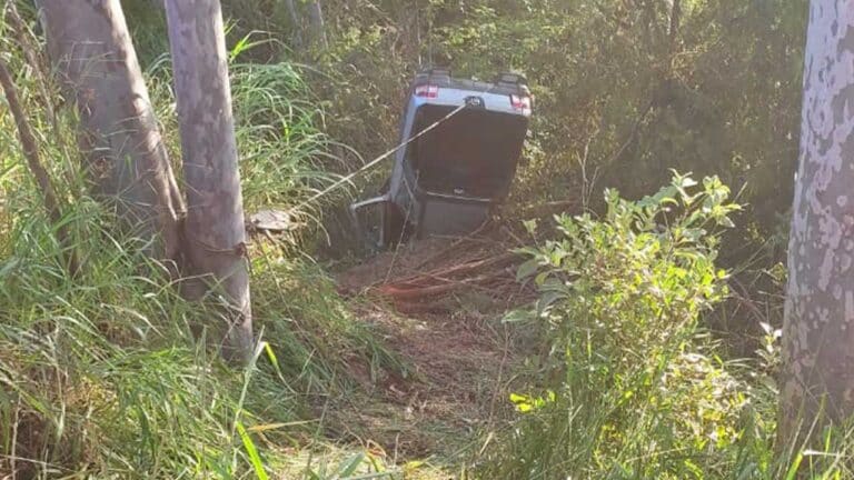 Imagens mostram veículo de casal de idosos pinheirense que caiu em ribanceira na BR-365
