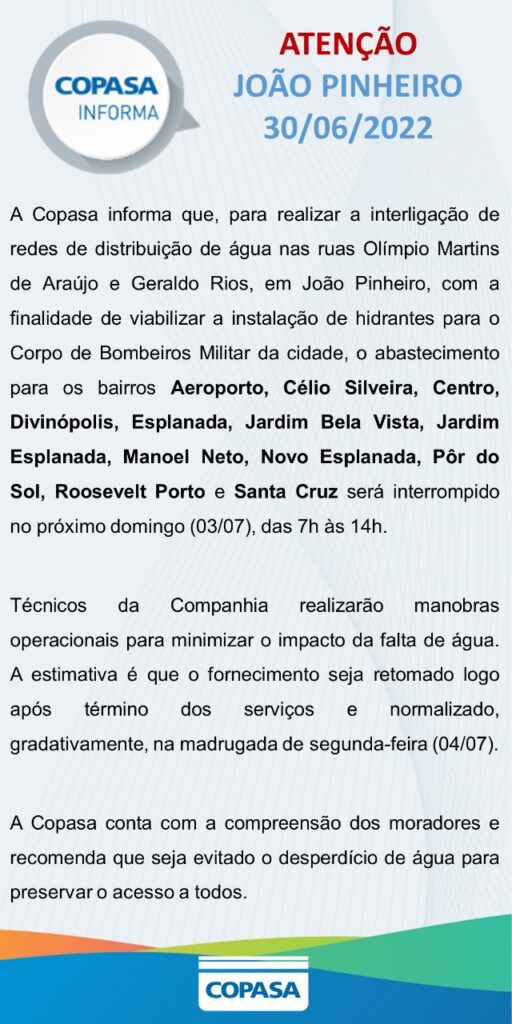 COPASA anuncia corte programado em vários bairros no próximo domingo em João Pinheiro