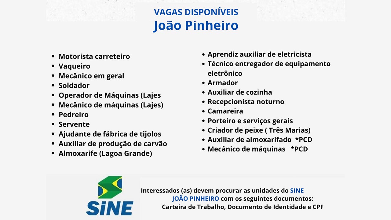 SINE de João Pinheiro tem 45 vagas de empregos abertas; confira as vagas atualizada