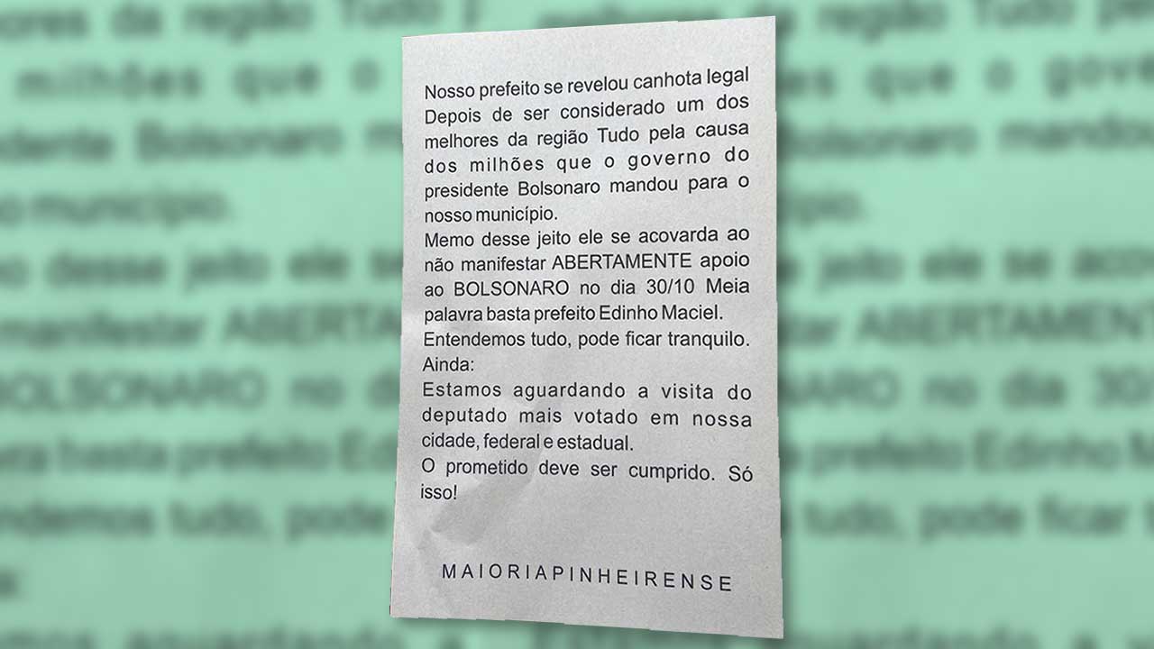 Carta anônima contra o prefeito por não apoiar publicamente Bolsonaro é espalhada pelo Centro de João Pinheiro