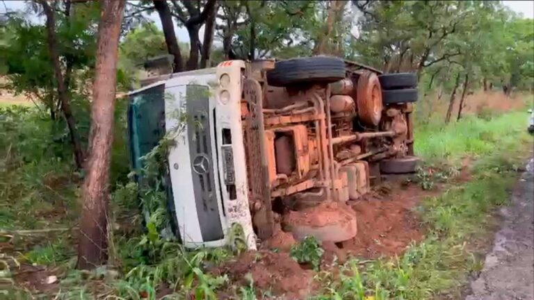 Caminhão carregado com suínos tomba na MG-410 e motorista fica ferido em Lagoa Grande