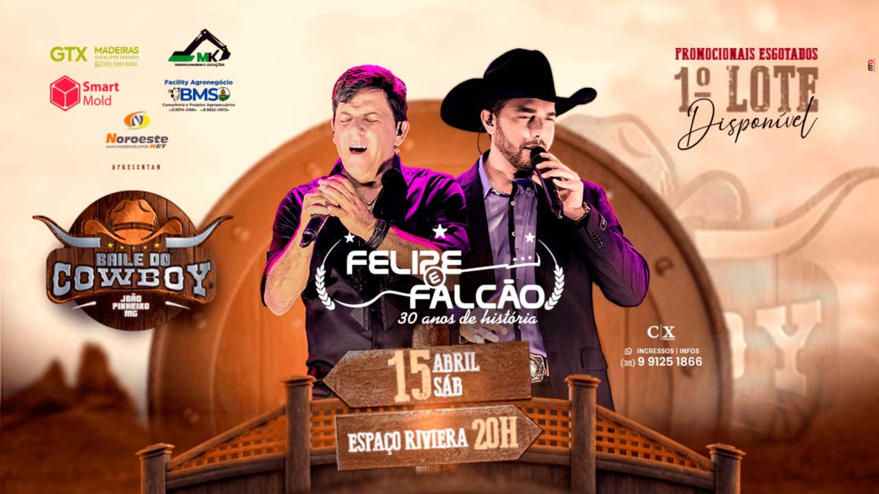 Segunda edição do Baile do Cowboy com presença de Felipe e Falcão promete movimentar João Pinheiro