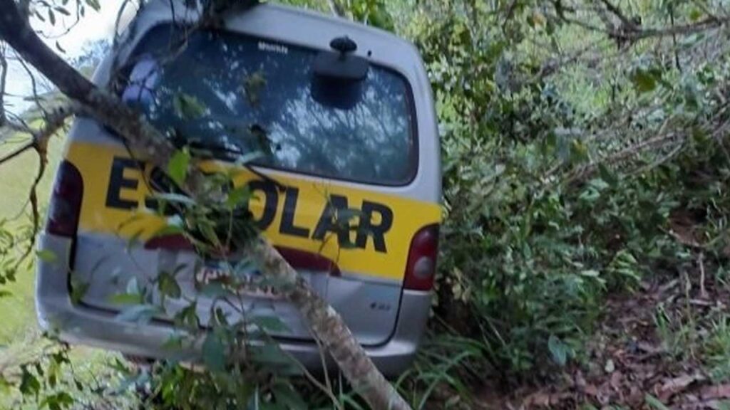 Van escolar que transportava duas crianças desce ladeira desgovernada e bate em árvore em Presidente Olegário