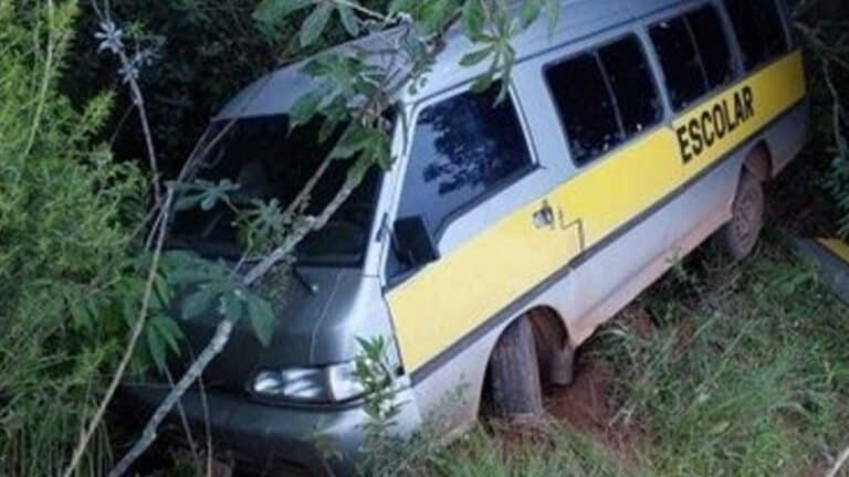 Van escolar que transportava duas crianças desce ladeira desgovernada e bate em árvore em Presidente Olegário