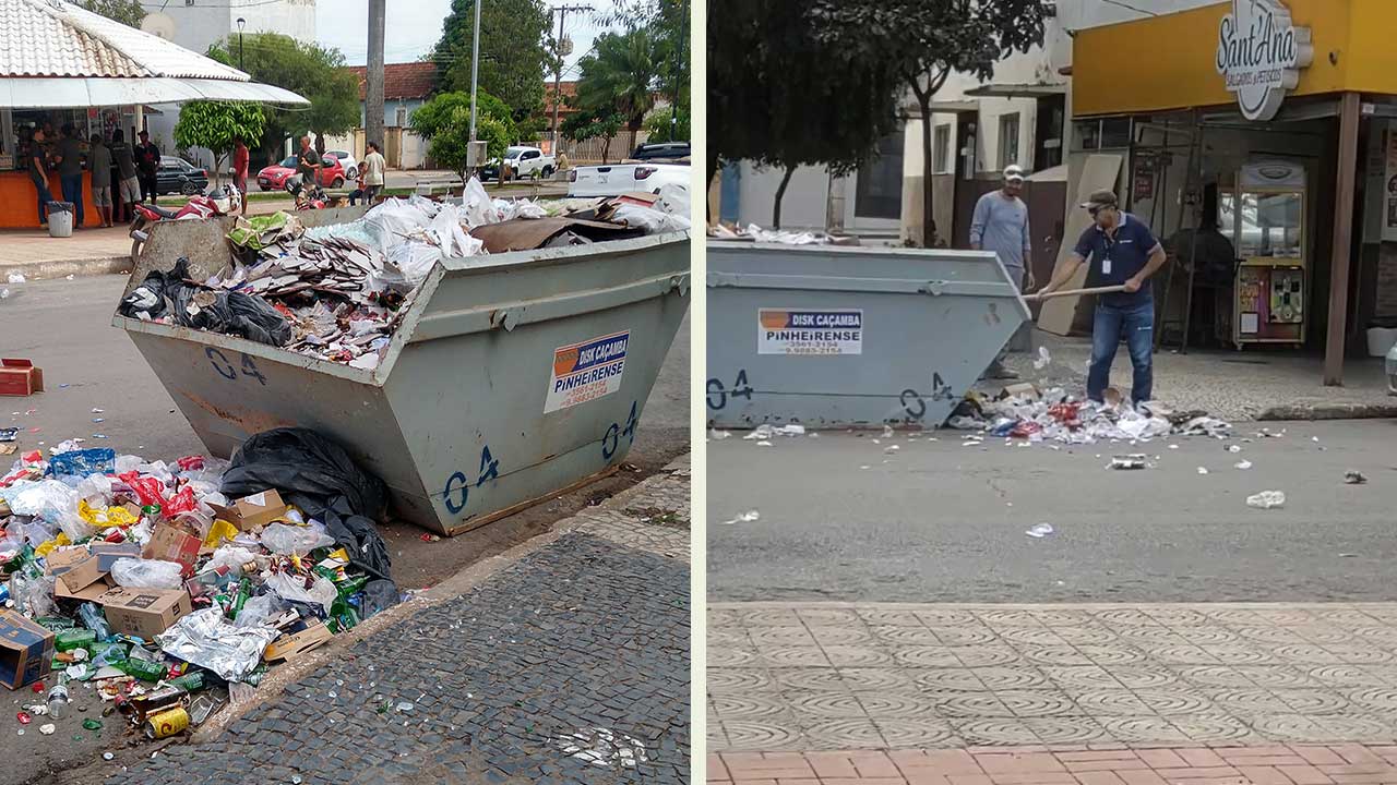 Responsável por obra retira lixo de lanchonete dispensado de forma irregular em caçamba em João Pinheiro
