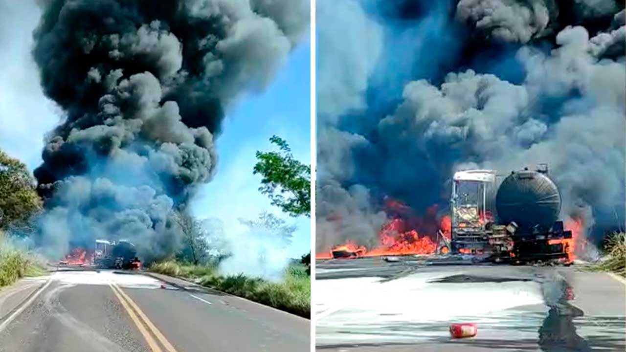 Batida entre ônibus, carretas e caminhões provoca incêndio e deixa 7 feridos na BR-365 em Patrocínio