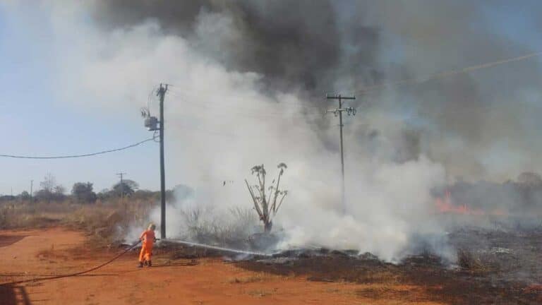 Corpo de Bombeiros combate incêndio que atingiu pasto em propriedade rural de João Pinheiro