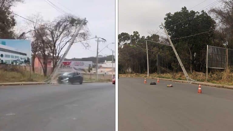 Poste prestes a cair ameaça segurança de pedestres e motoristas em João Pinheiro
