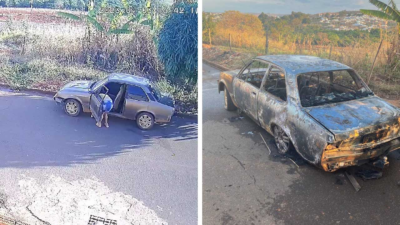 Vídeo mostra mulher ateando fogo no carro do marido que foi para um bar após discussão em Presidente Olegário