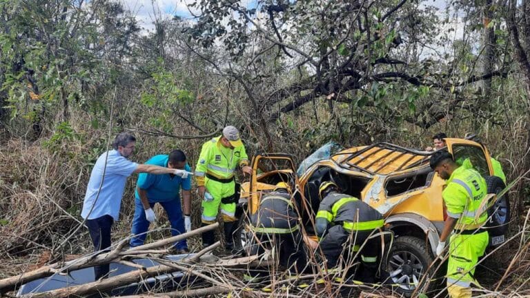 Motorista morre após veículo sair da pista, capotar e colidir violentamente com árvore na BR 040, em João Pinheiro