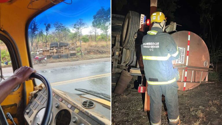 Caminhão sai da pista, tomba e motorista fica preso às ferragens próximo à COENG em João Pinheiro
