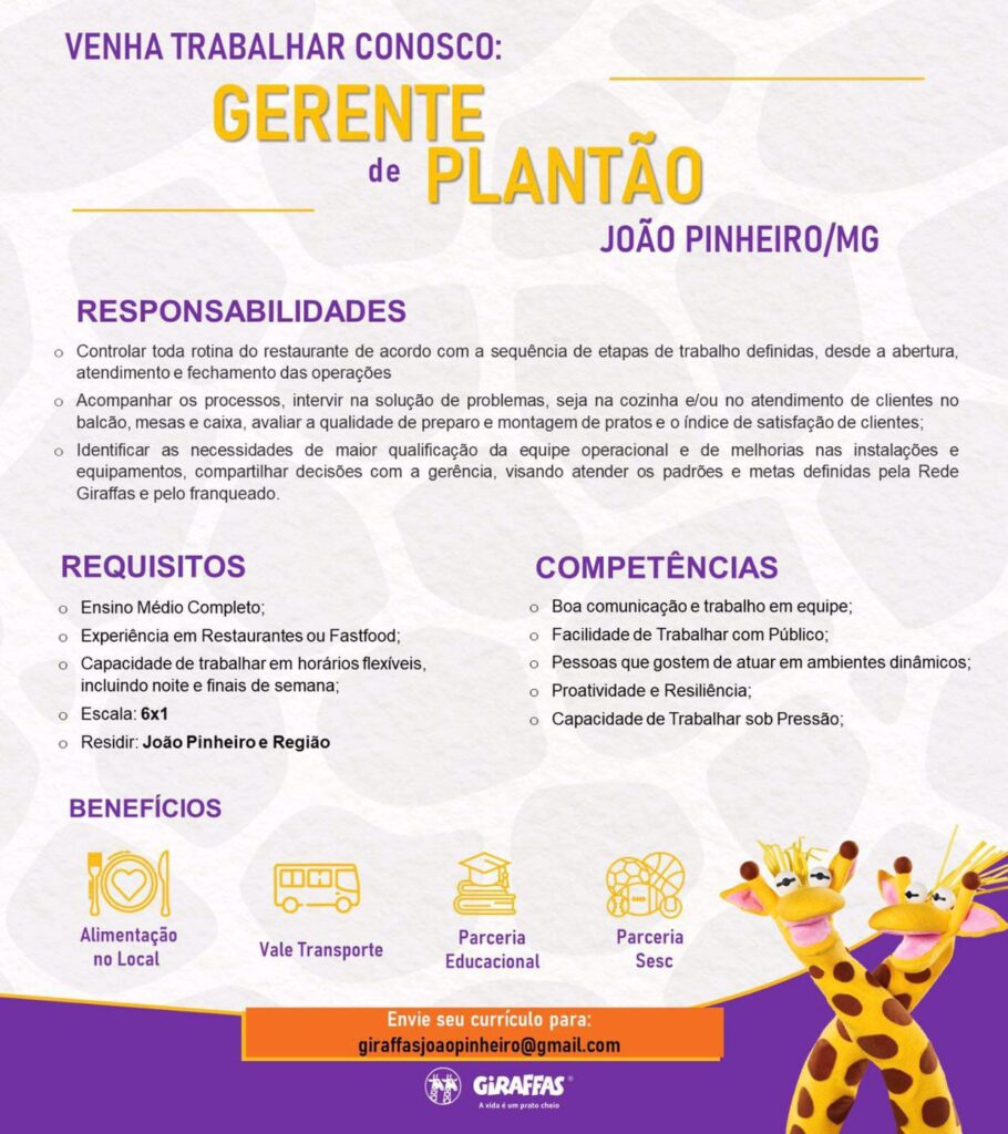 Giraffas está com vagas de empregos abertas para gerência e atendimento em João Pinheiro