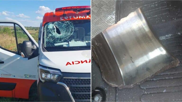 Ambulância do SAMU de João Pinheiro é atingida por lona de freio de carreta e enfermeiro fica ferido