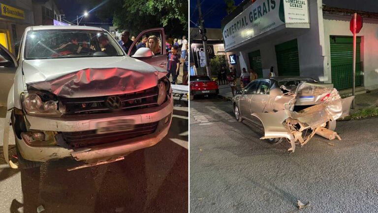 Motorista de caminhonete bate em moto e carro estacionados no centro de João Pinheiro; veja o vídeo