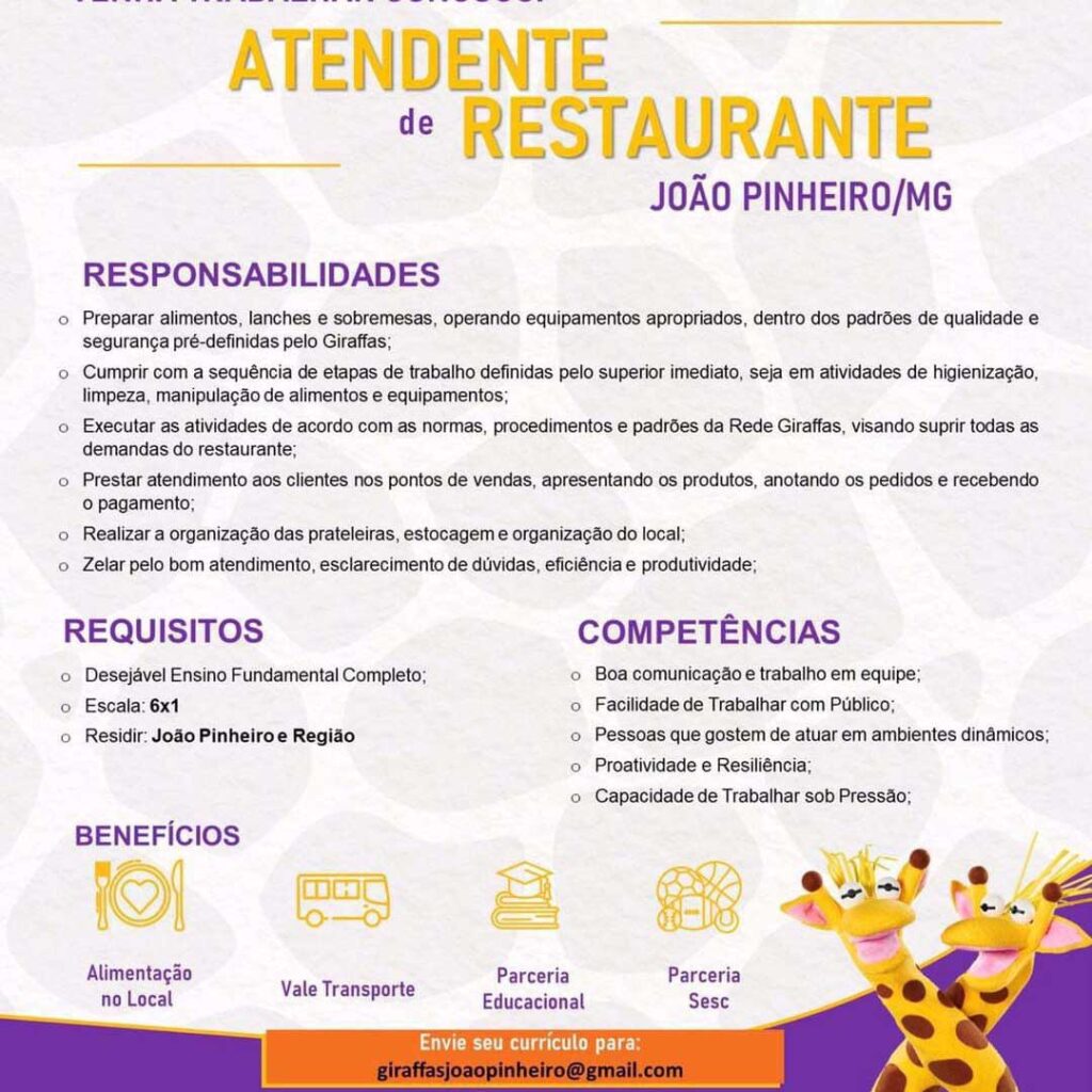 Giraffas de João Pinheiro ainda possui vagas de emprego para atendente de restaurante