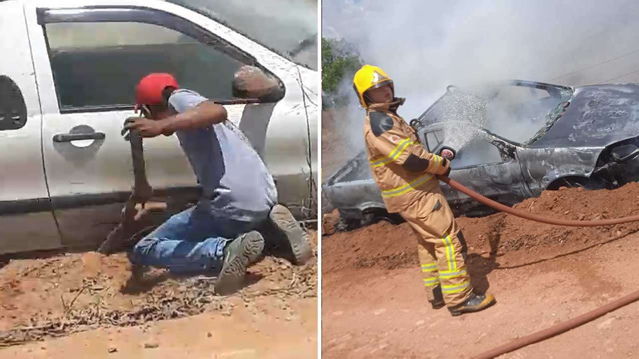 Veículo bate em cerca, pega fogo e fica completamente destruído em João Pinheiro