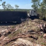 Carreta tomba sobre carro após tentativa de ultrapassagem na BR-040 em João Pinheiro