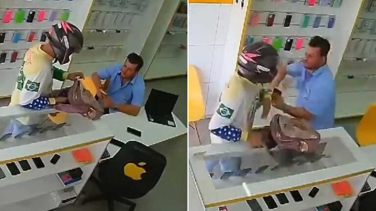 Dono de loja de celular coloca assaltante pra correr em Patos de Minas; veja o vídeo