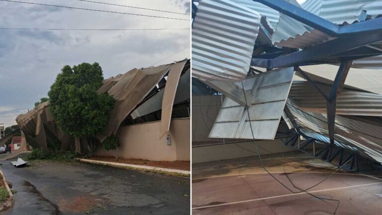 Temporal derruba estrutura de quadra esportiva na Escola Municipal Rui Veloso em Brasilândia de Minas