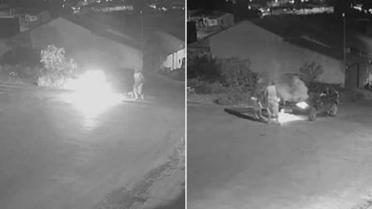 Carro que pegou fogo após subir morro é salvo por morador com extintor em João Pinheiro