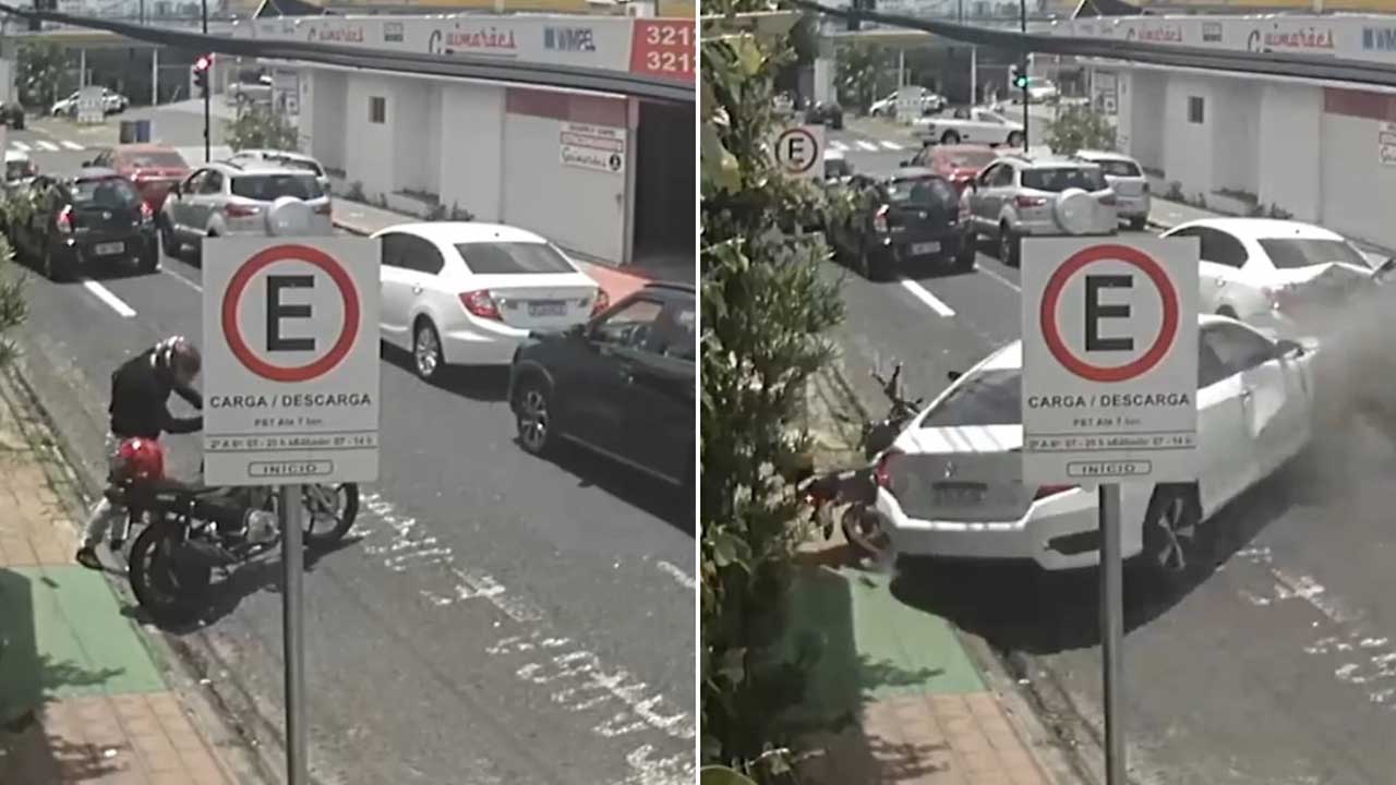 Incrível: por 4 segundos, motociclista escapa de ser atropelado por motorista que fugia da Polícia em Minas Gerais