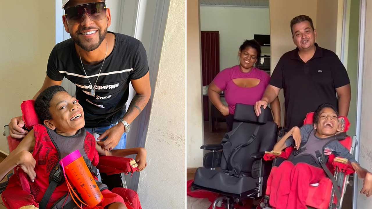 Guilherme Silva doa cadeira de rodas personalizada para fã com paralisia cerebral em Brasilândia de Minas