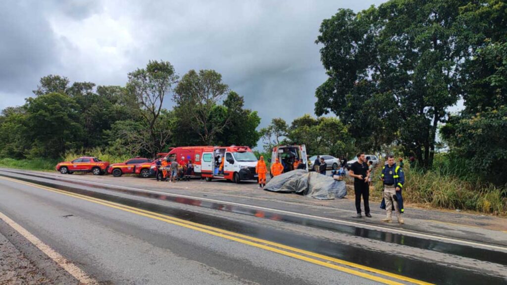 Ônibus com 29 passageiros sai da pista e deixa mais de 10 pessoas feridas na BR-365 perto de Varjão de Minas