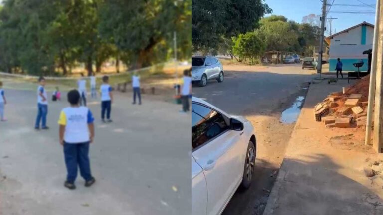 Por falta de local adequado, alunos praticam aula de educação física às margens da BR-040 em João Pinheiro