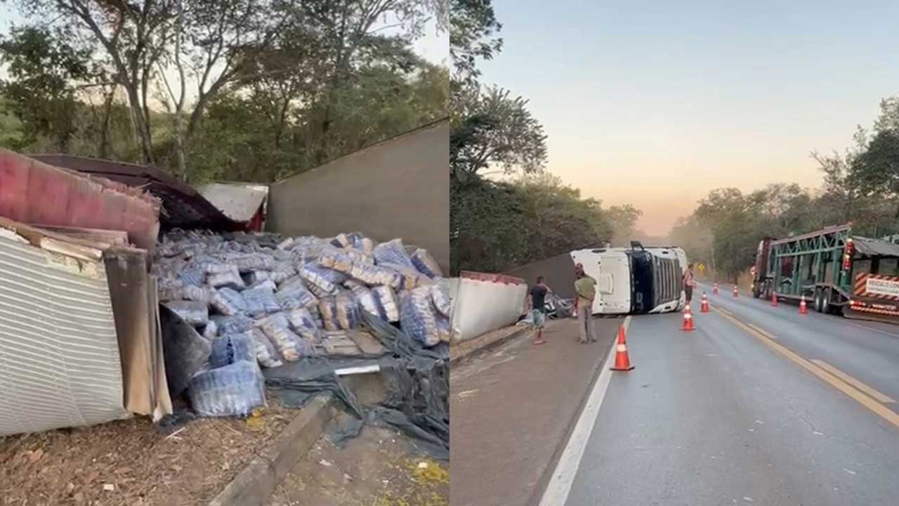 Carreta carregada com macarrão tomba próximo à ponte do Rio da Prata em João Pinheiro