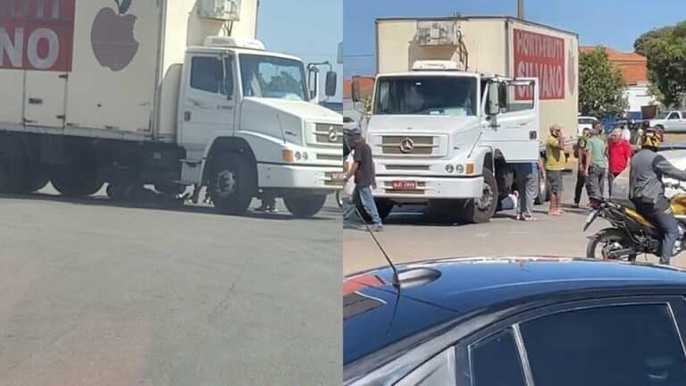 Motociclista vai parar debaixo de caminhão após ser atingida em cruzamento em João Pinheiro