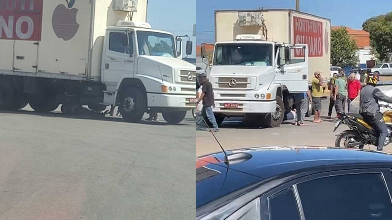 Motociclista vai parar debaixo de caminhão após ser atingida em cruzamento em João Pinheiro