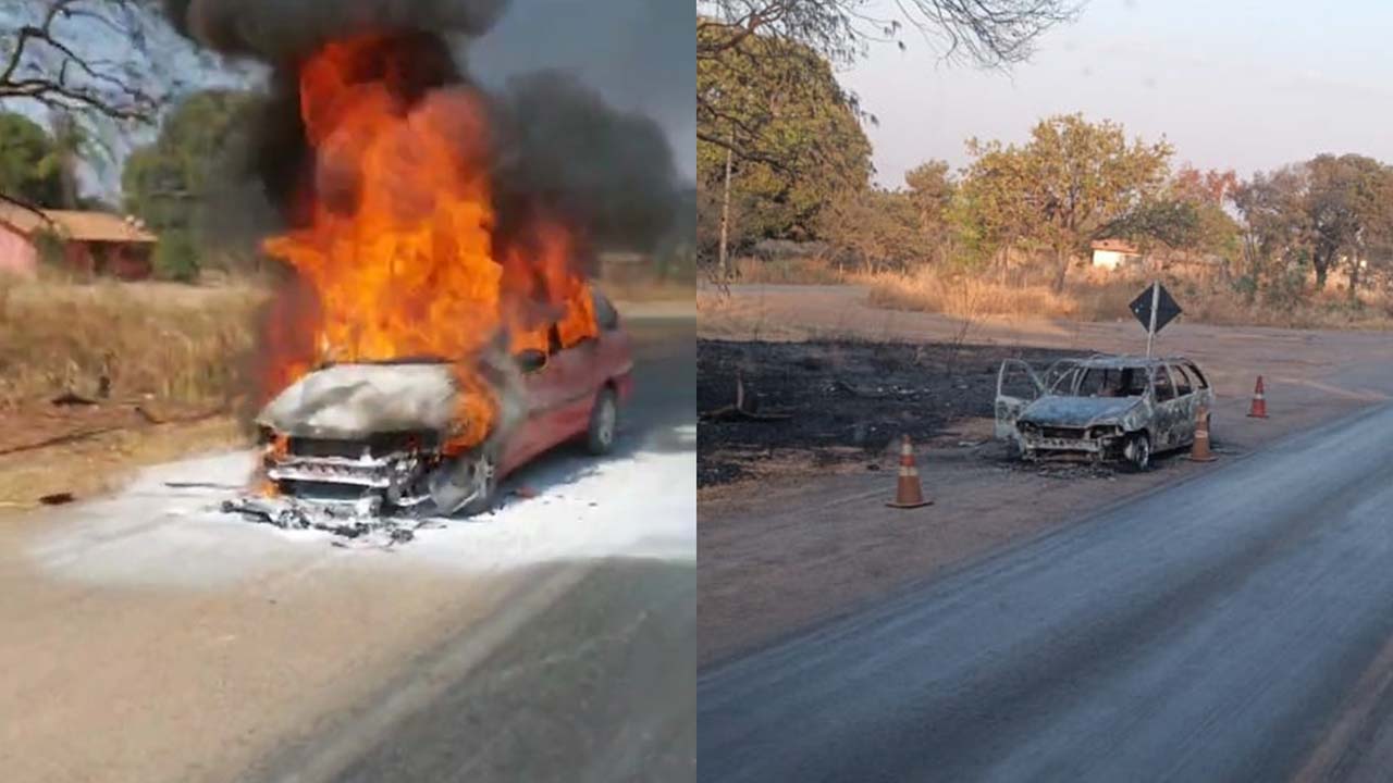 Carro fica totalmente destruído após pegar fogo na BR-040 em João Pinheiro