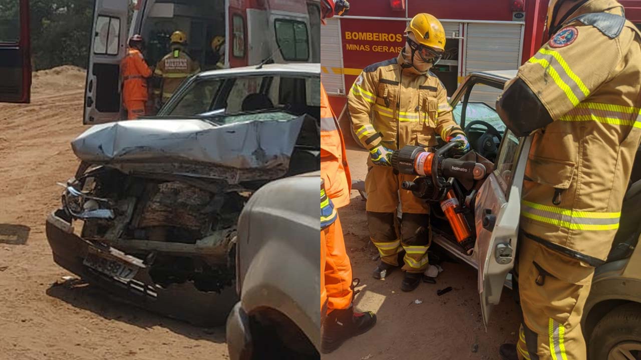 Colisão frontal deixa motorista preso às ferragens na estrada do Barreiro dos Veados em João Pinheiro