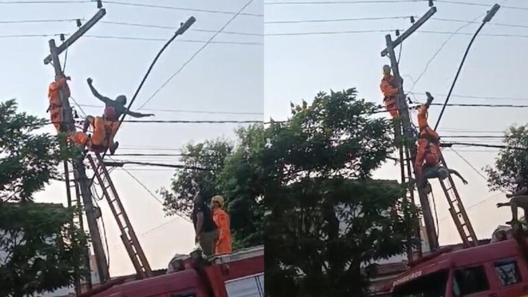 Homem sobe em poste, ameaça se jogar e é salvo após três horas de negociação em João Pinheiro