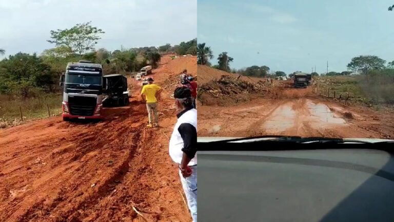 Motoristas ficam presos em atoleiro na LMG-690 após chuvas e obra parada em João Pinheiro