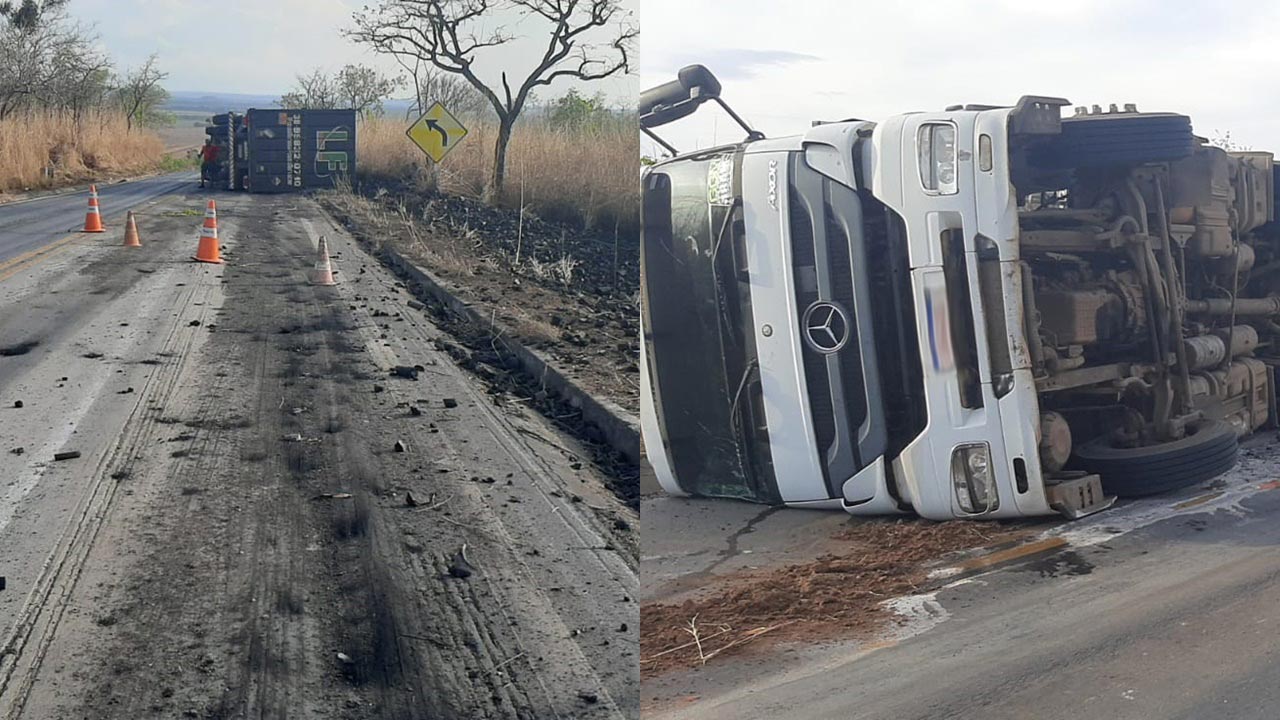 Carreta carregada com carvão tomba na MG-181 na subida da Serra da Bocaina