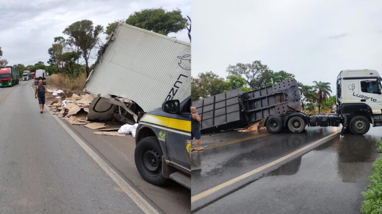 Motorista sai ileso após carreta tombar na BR-365, em João Pinheiro