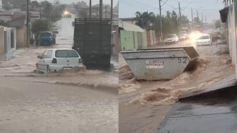 Chuva forte arrasta veículo e até caçamba de entulho em João Pinheiro; ruas ficaram alagadas