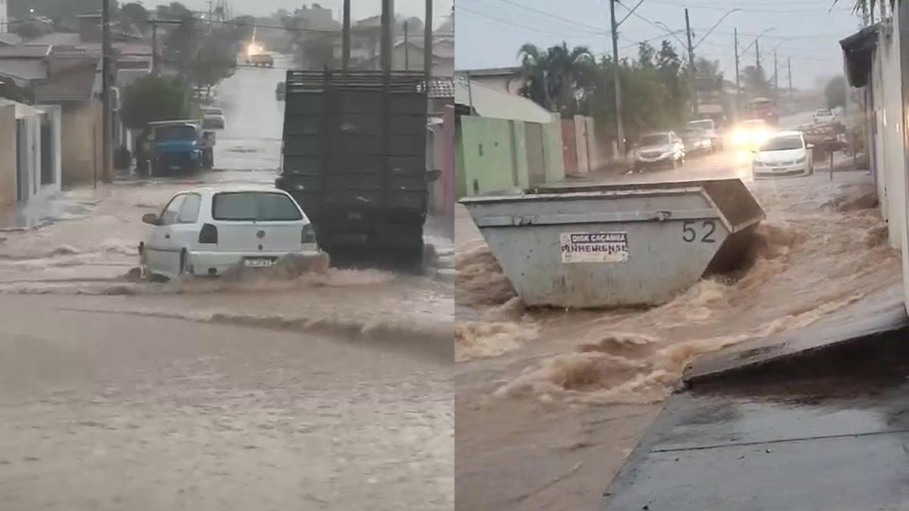 Chuva forte arrasta veículo e até caçamba de entulho em João Pinheiro; ruas ficaram alagadas