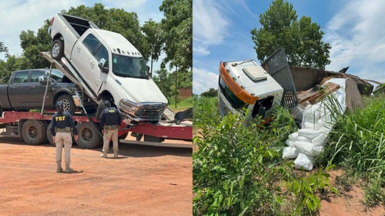 Prejuízo milionário: cegonha com 4 Dodge Ram pula quebra-molas por falta de sinalização na BR-040 em João Pinheiro