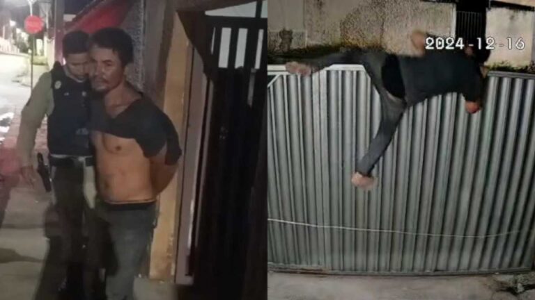 Câmeras flagram ladrão pulando muro dizendo "ô de casa" para furtar e acaba preso pela Polícia em João Pinheiro