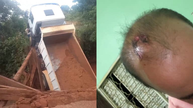 Ponte cai em Brasilândia de Minas e caminhão despenca; motorista é resgatado com lesões leves