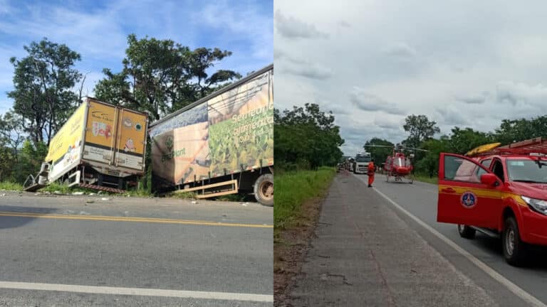 Motorista morre preso às ferragens em acidente grave com três caminhões na BR-040 em João Pinheiro