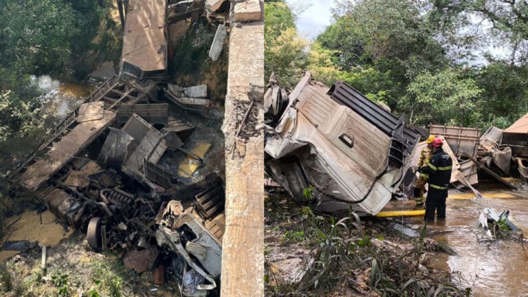 Motorista tem perna amputada após carreta bitrem despencar de ponte na BR-040, em João Pinheiro