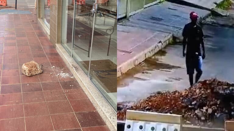 Pedra gigante é atirada contra porta de perfumaria no Centro de João Pinheiro